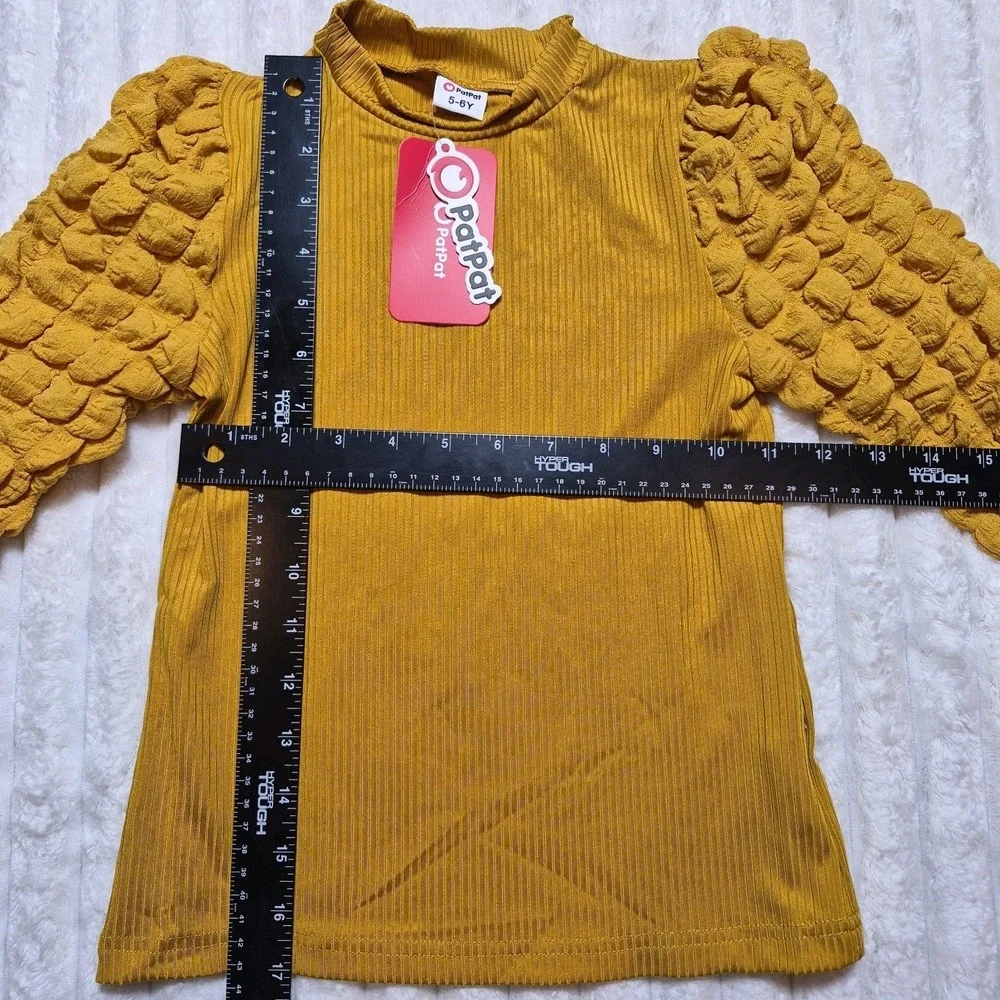 PatPat Kids Mustard Yellow Ribbed Mock Neck Popcorn Bubble Sleeve Top Size 5-6Y